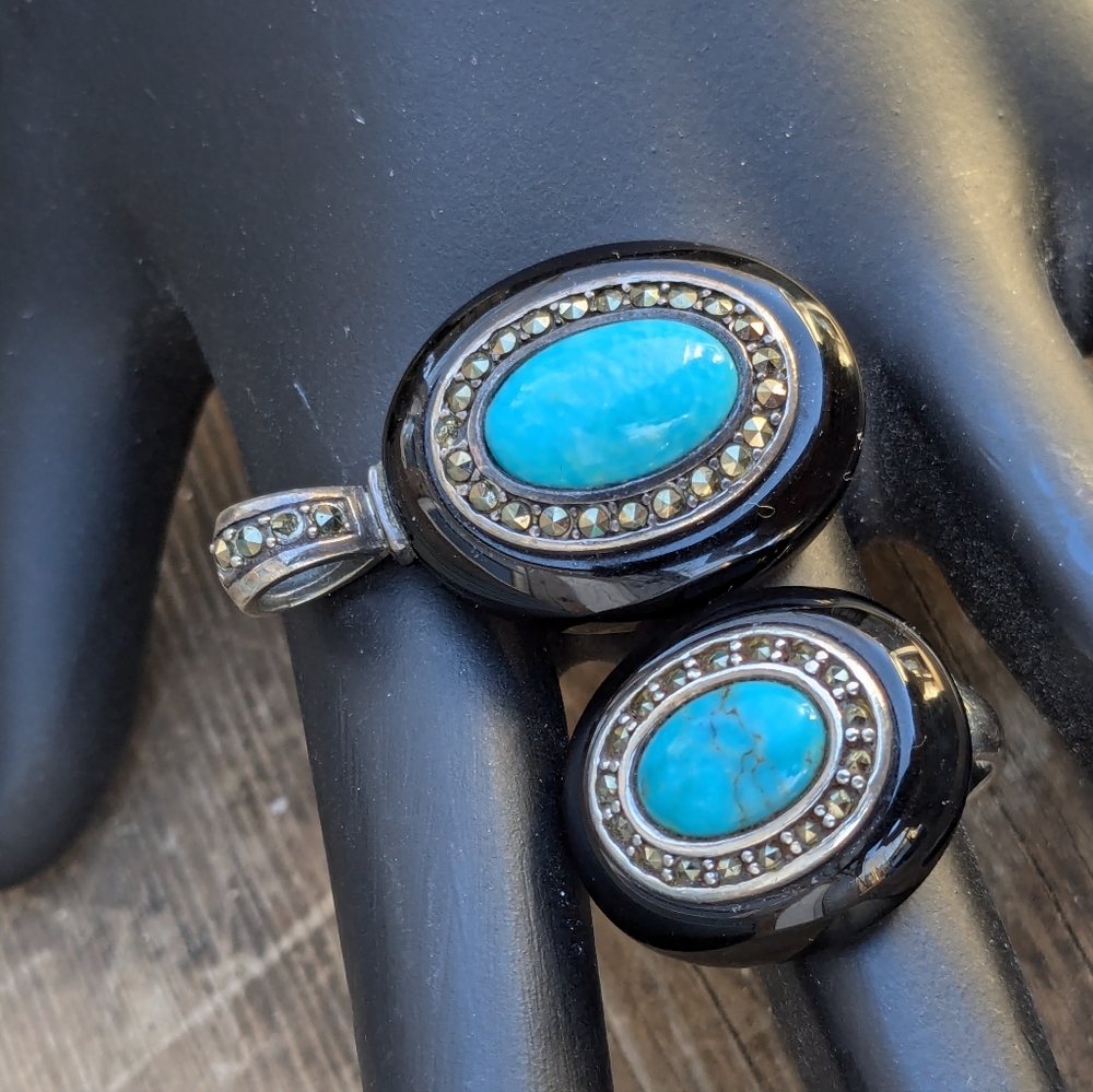 Turquoise and Marcasite Cocktail Ring Pendant Set - Picture 5 of 9